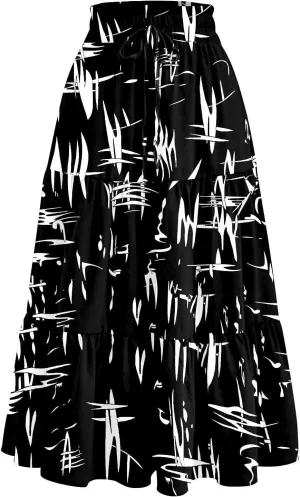 Women's Floral Boho Summer Spring Long Elastic High Waist Printed A Line Flowy Casual Flared Maxi Skirts with Pockets