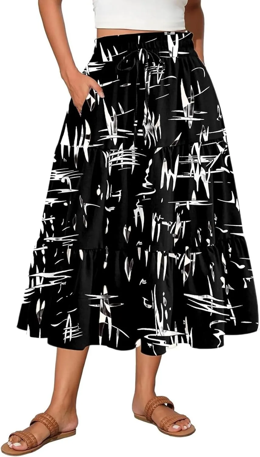 Women's Floral Boho Summer Spring Long Elastic High Waist Printed A Line Flowy Casual Flared Maxi Skirts with Pockets