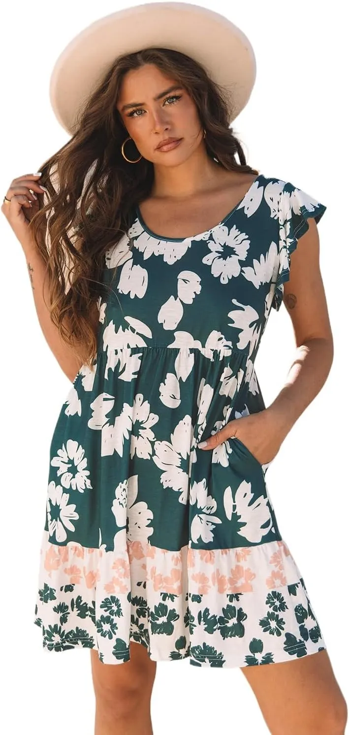 Women's Floral Print Ruffle Sleeve Empire Waist Mini Dress - Perfect for Summer