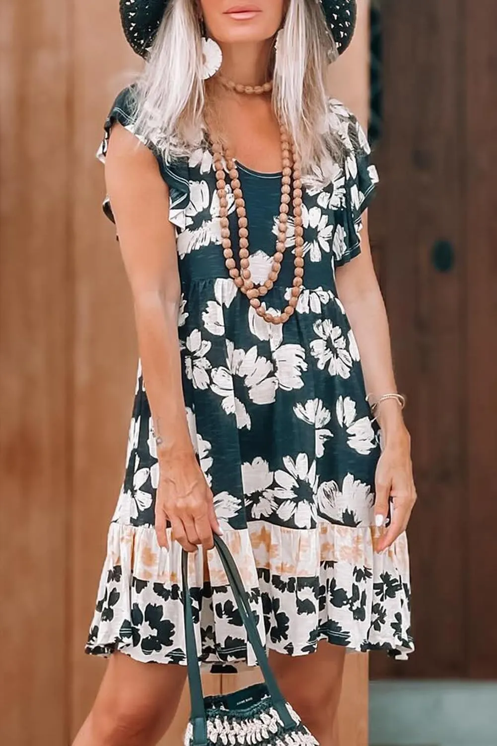 Women's Floral Print Ruffle Sleeve Empire Waist Mini Dress - Perfect for Summer