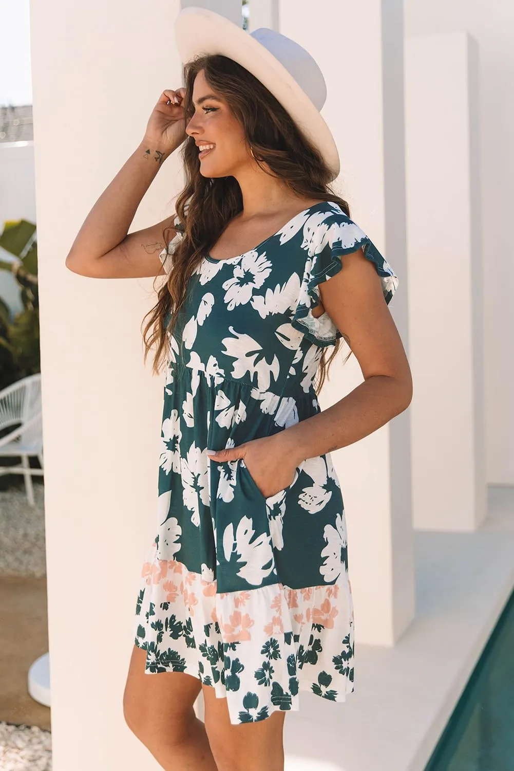 Women's Floral Print Ruffle Sleeve Empire Waist Mini Dress - Perfect for Summer