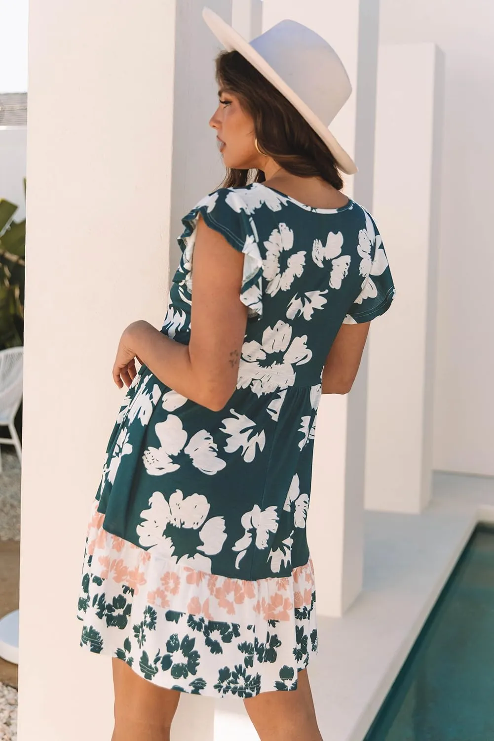 Women's Floral Print Ruffle Sleeve Empire Waist Mini Dress - Perfect for Summer