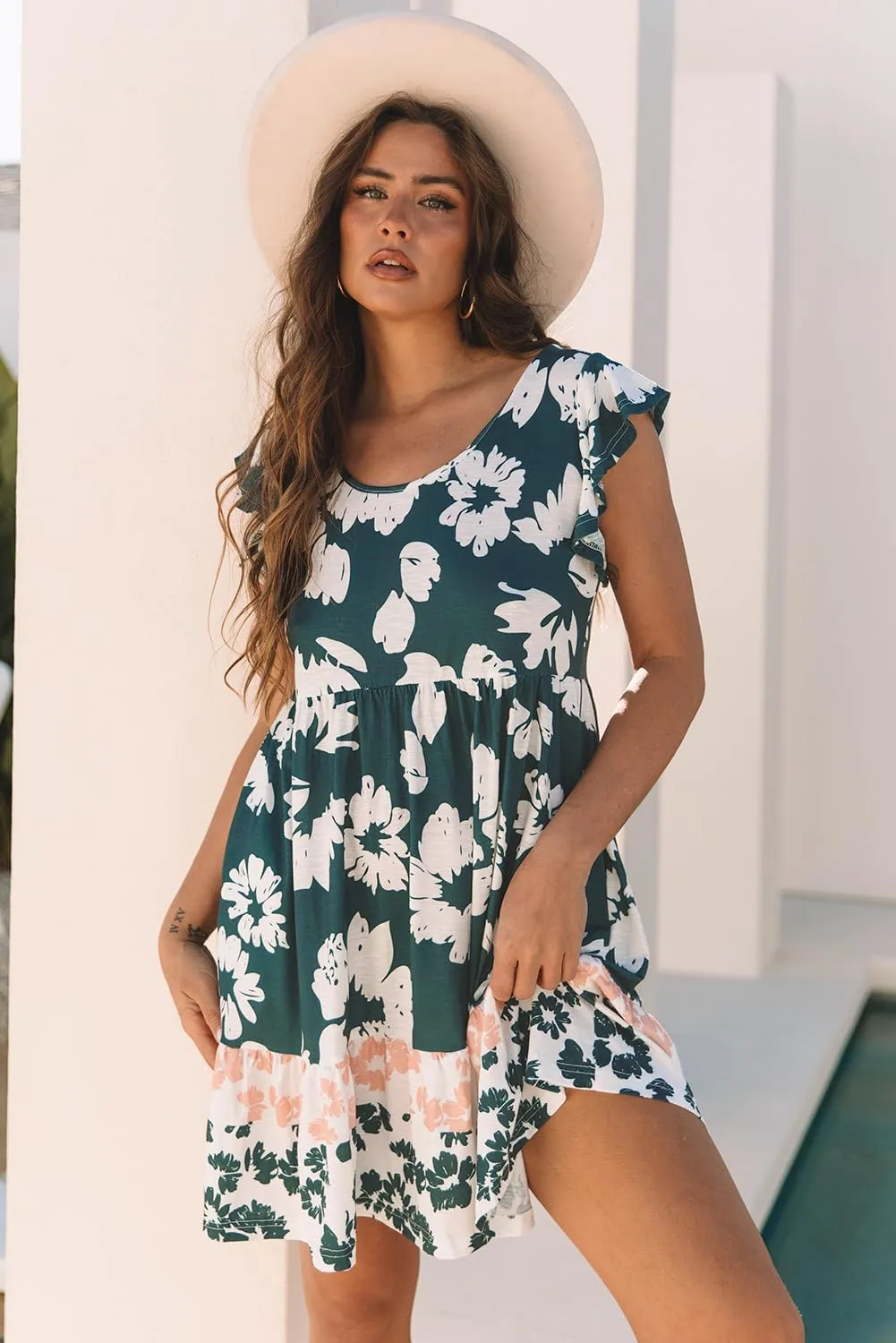Women's Floral Print Ruffle Sleeve Empire Waist Mini Dress - Perfect for Summer