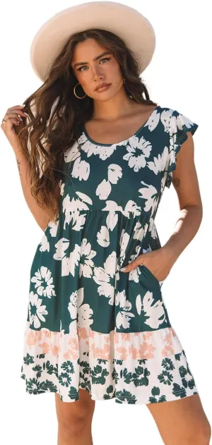 Women's Floral Print Ruffle Sleeve Empire Waist Mini Dress - Perfect for Summer