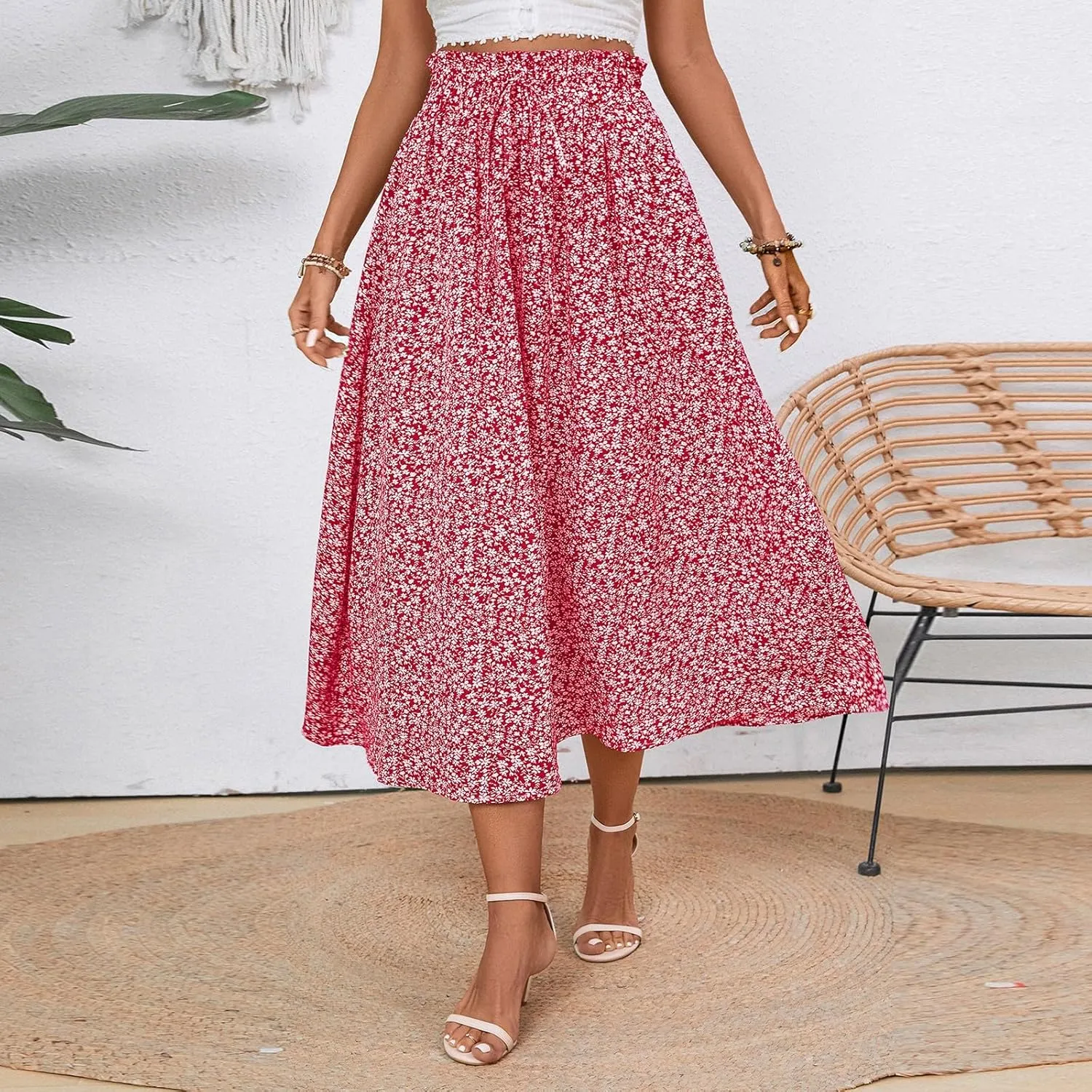 Women's High Elastic Waist Midi Skirt Casual Summer Trendy Tie Front Flowy Ruffle Floral Print A line Skirts