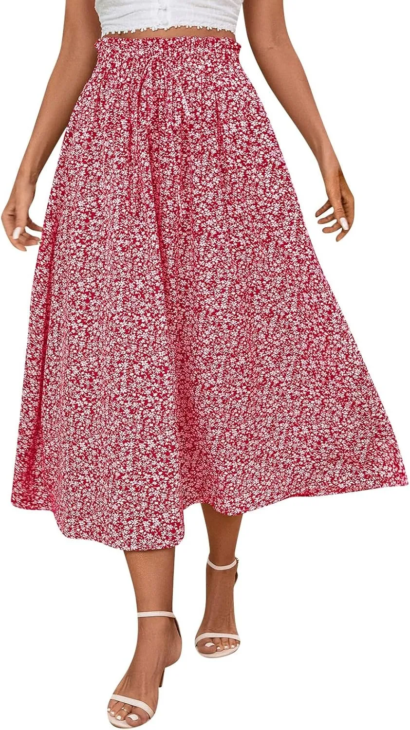 Women's High Elastic Waist Midi Skirt Casual Summer Trendy Tie Front Flowy Ruffle Floral Print A line Skirts
