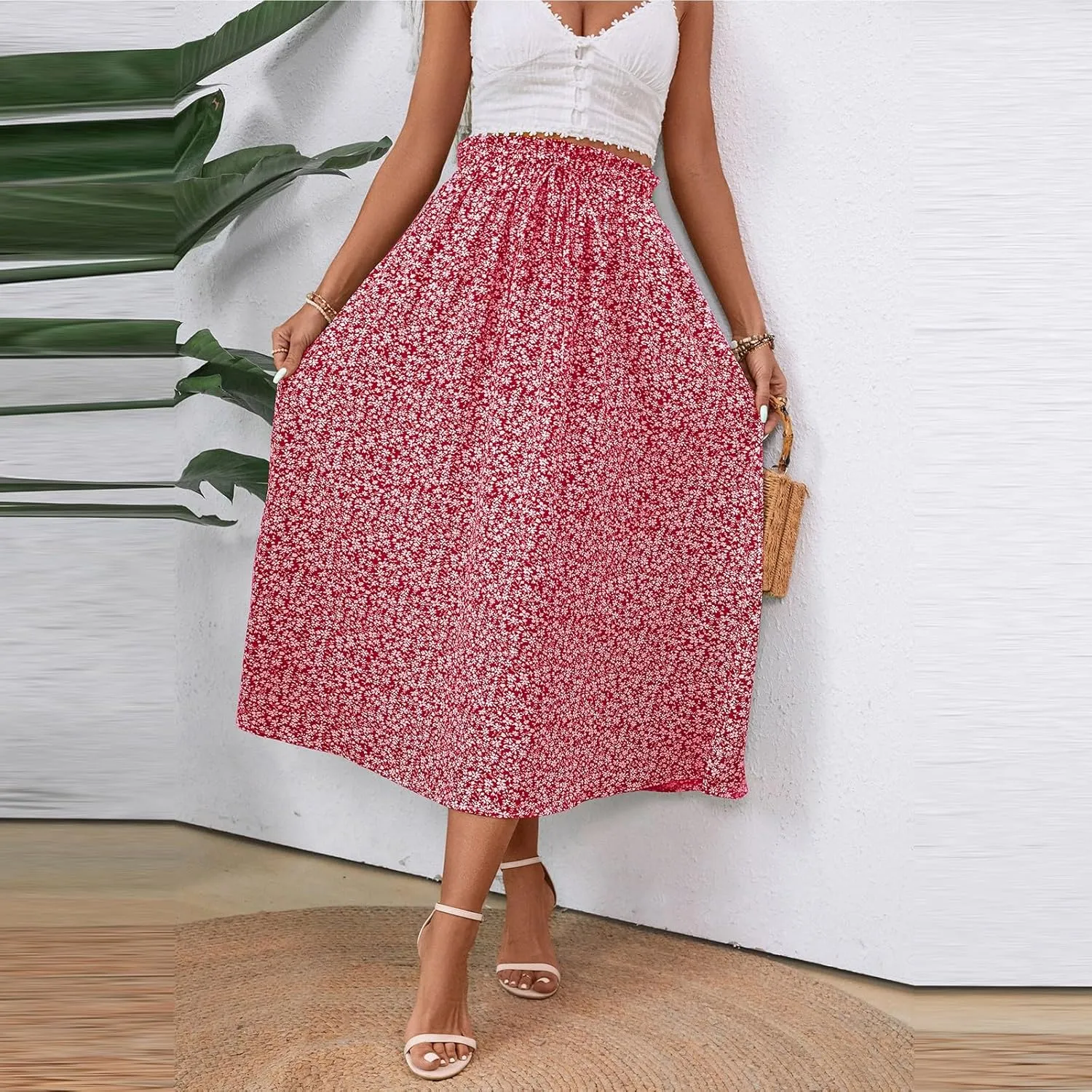 Women's High Elastic Waist Midi Skirt Casual Summer Trendy Tie Front Flowy Ruffle Floral Print A line Skirts