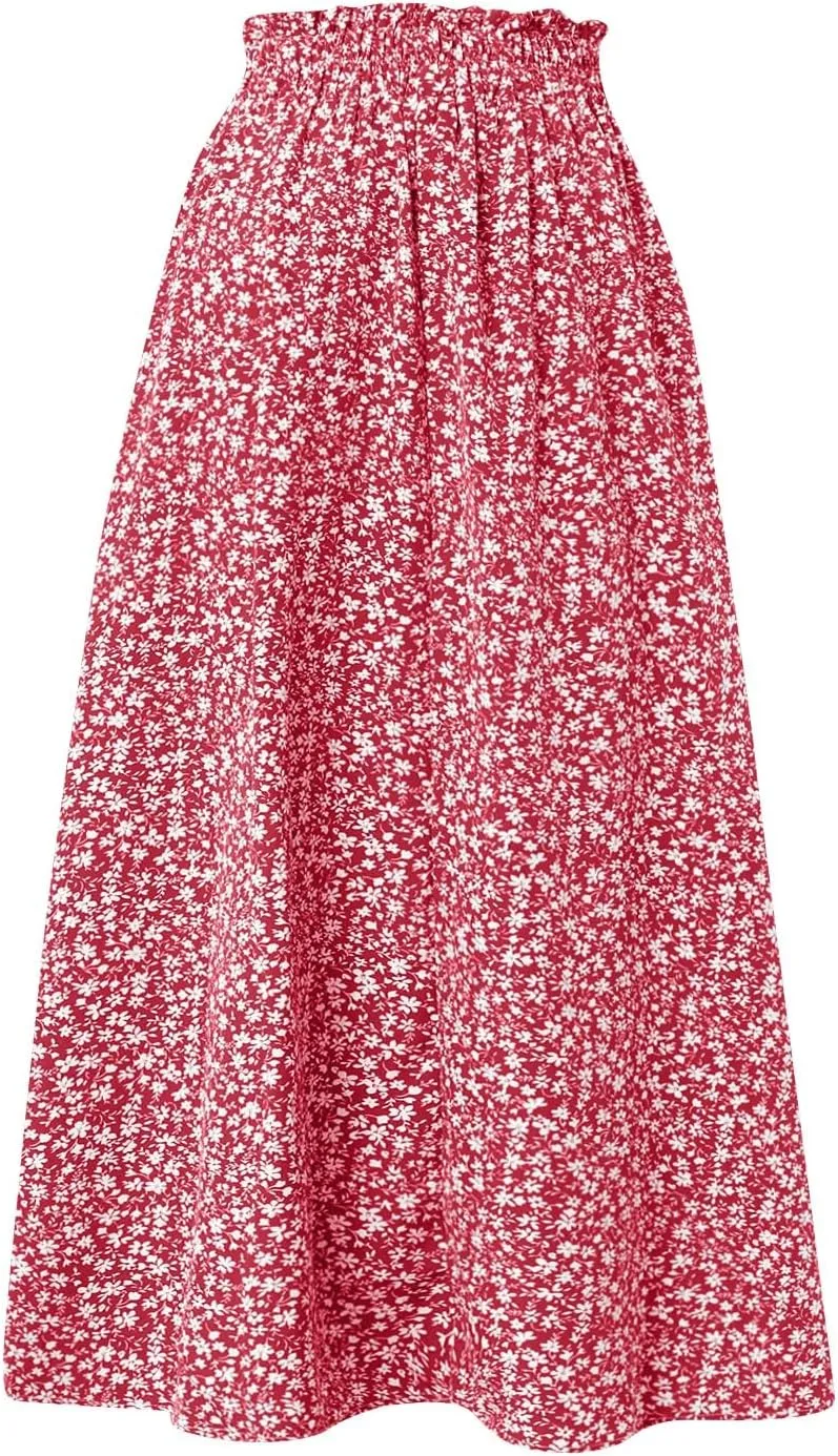 Women's High Elastic Waist Midi Skirt Casual Summer Trendy Tie Front Flowy Ruffle Floral Print A line Skirts
