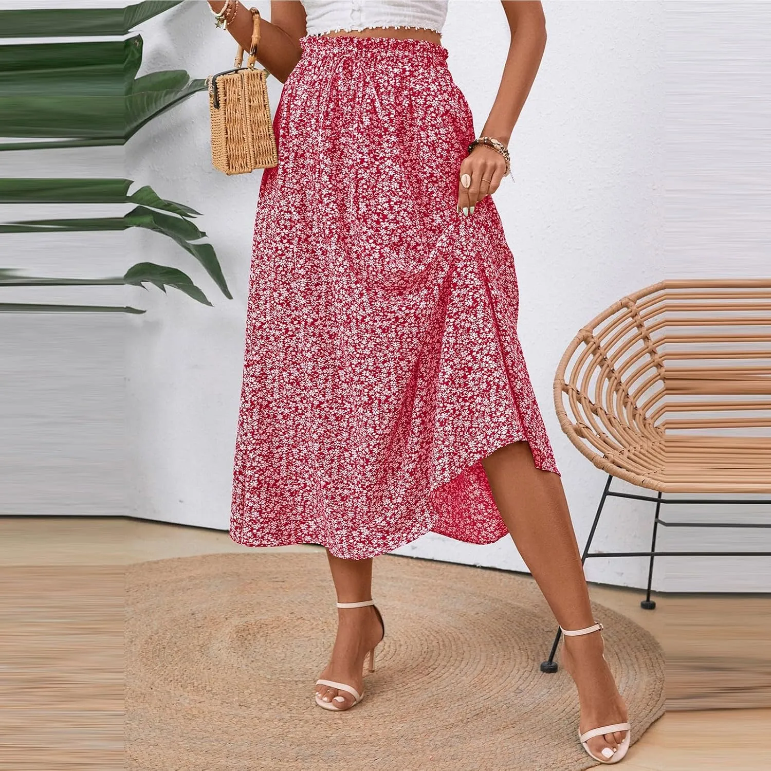 Women's High Elastic Waist Midi Skirt Casual Summer Trendy Tie Front Flowy Ruffle Floral Print A line Skirts