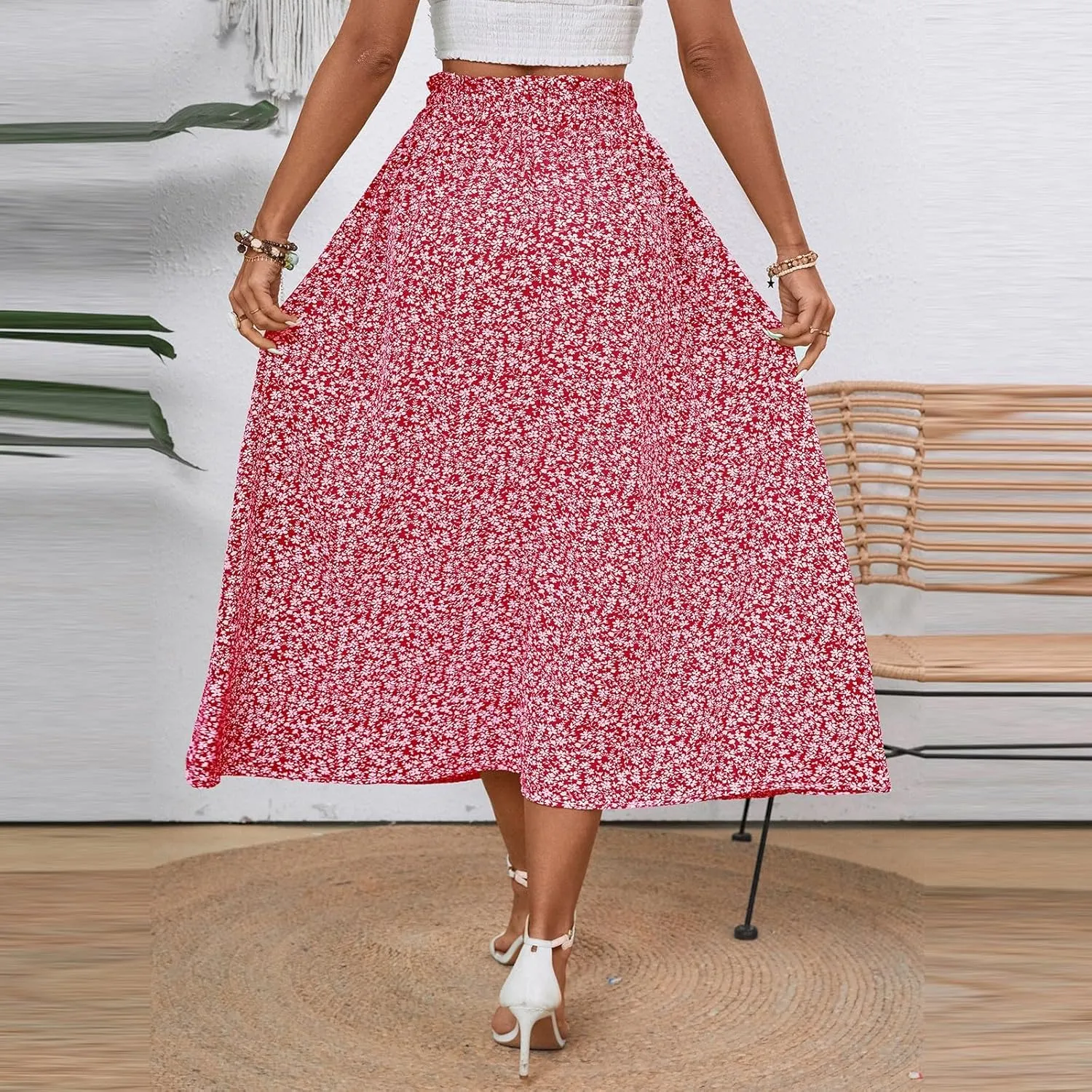 Women's High Elastic Waist Midi Skirt Casual Summer Trendy Tie Front Flowy Ruffle Floral Print A line Skirts