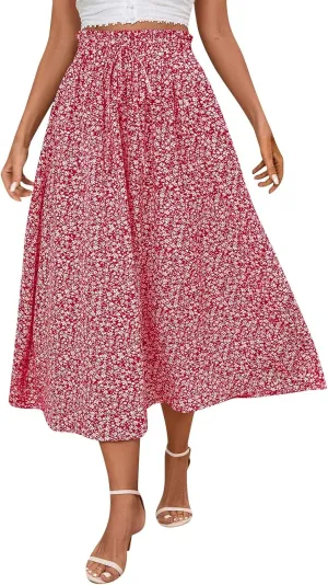 Women's High Elastic Waist Midi Skirt Casual Summer Trendy Tie Front Flowy Ruffle Floral Print A line Skirts