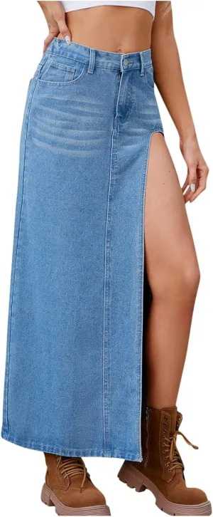 Women's High Waist Denim Skirt Sexy Split Thigh Jean Skirt Slim Fit Maxi Long Pencil Skirt Casual Bodycon Wrap Skirt
