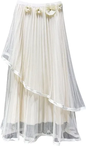 Women's High Waist Three Flower Mesh Skirt Design Sense of Irregular Fairy Pleated Skirt A Line Floral Skirt Mini