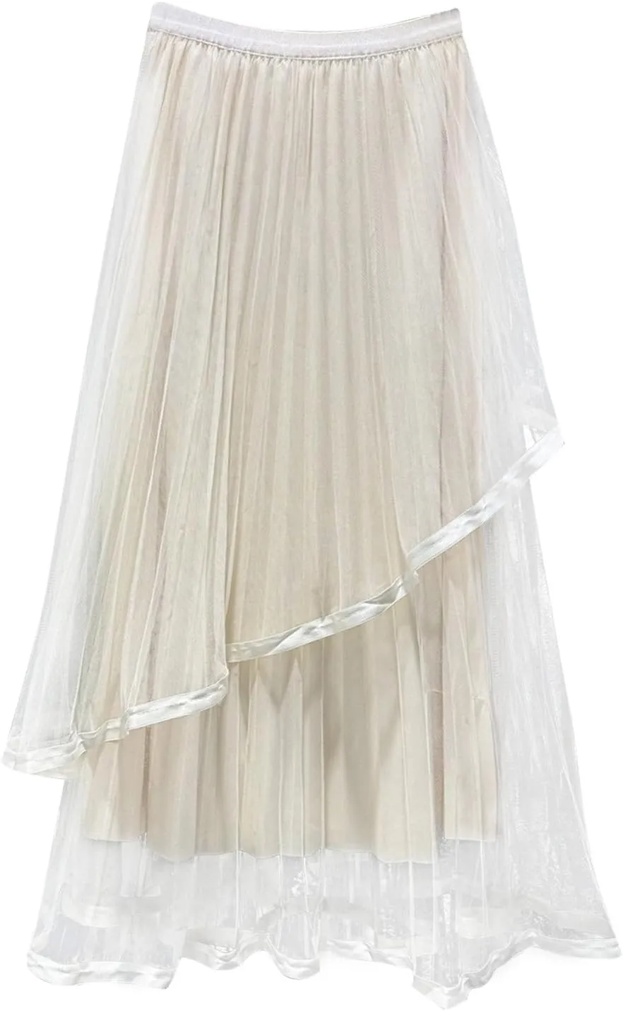 Women's High Waist Three Flower Mesh Skirt Design Sense of Irregular Fairy Pleated Skirt A Line Floral Skirt Mini