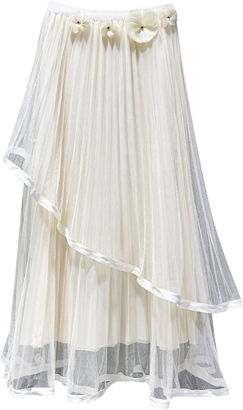Women's High Waist Three Flower Mesh Skirt Design Sense of Irregular Fairy Pleated Skirt A Line Floral Skirt Mini