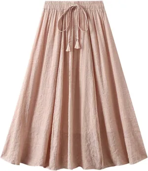 Womens Hot Drawstring Midi Skirt 2024 Summer Cotton Linen Skirts Casual High Waist Swing Skirt Beach Vacation Outfits