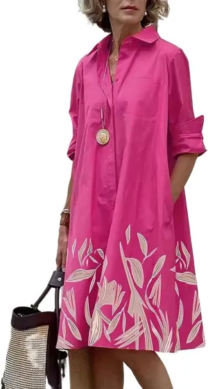 Womens Linen Long Sleeve Simple Printed Button Down Shirt Dress Plus Size Loose Shirt Dresses for Women with 2 Pockets