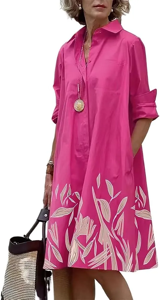 Womens Linen Long Sleeve Simple Printed Button Down Shirt Dress Plus Size Loose Shirt Dresses for Women with 2 Pockets