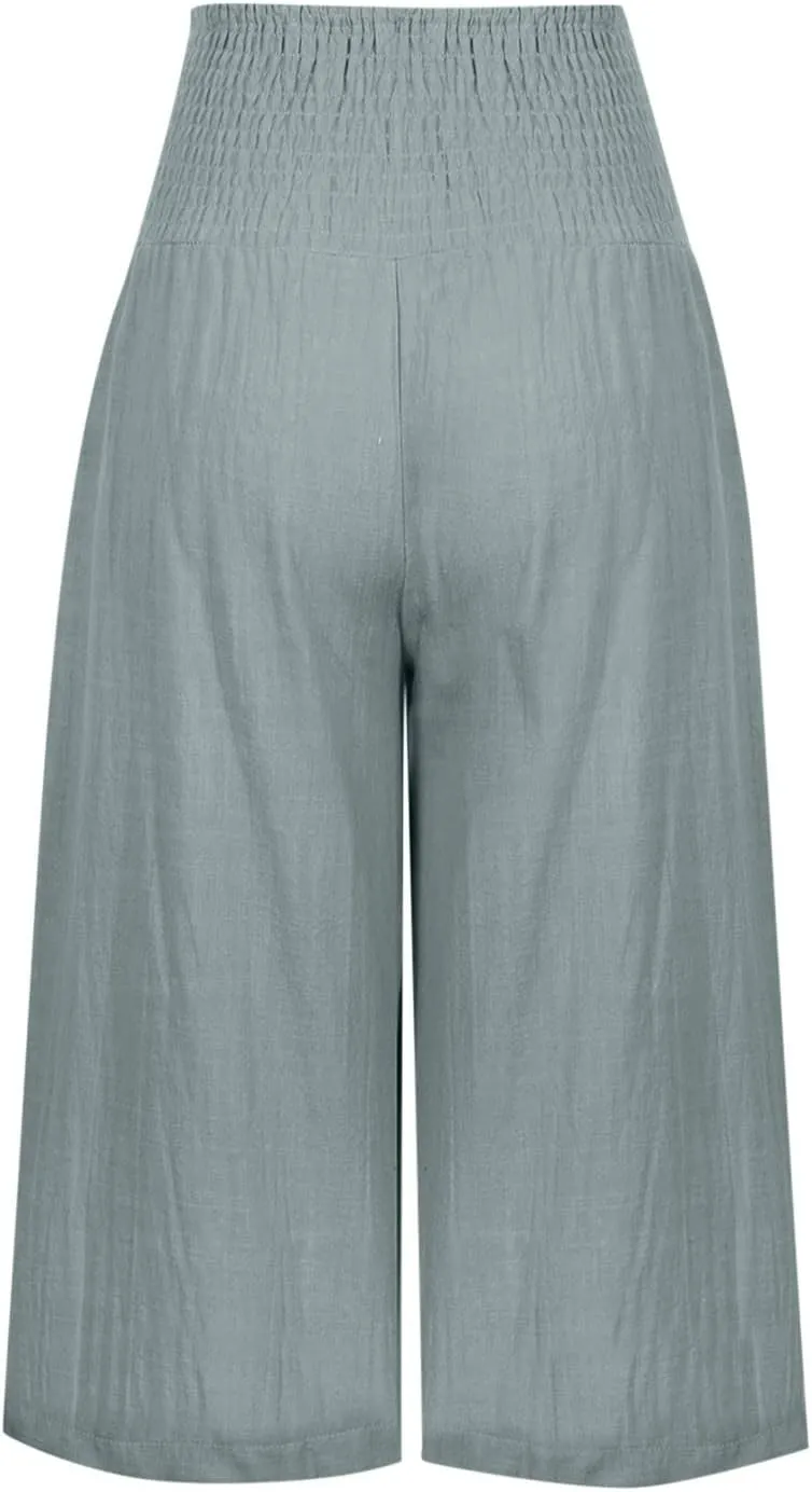 Womens Linen Palazzo Capri Pants Causal Summer Wide Leg Pants High Waist Loose Capris Boho Beach Travel Crop Trousers