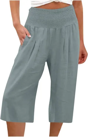 Womens Linen Palazzo Capri Pants Causal Summer Wide Leg Pants High Waist Loose Capris Boho Beach Travel Crop Trousers