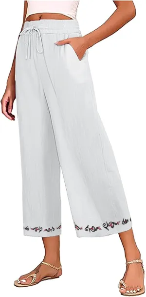 Womens Linen Pants High Waisted Wide Leg Pants Baggy Elastic Drawstring Casual Loose Palazzo Trousers with Pockets