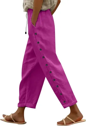 Womens Linen Pants with Pockets High Waist Comfy White Gauze Cropped Pants Casual Lightweight Loose Buttons Trousers