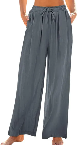 Women's Loose Wide Leg Casual Pant, Summer Cotton Linen Trendy Clothes Drawstring Pockets Basic Daily Trousers