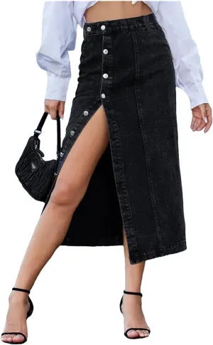 Women's Maxi Pencil Jean Skirt High Waisted A-Line Long Denim Skirts Ins Button Down Side Split Hem Skirt