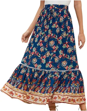 Womens Maxi Skirts Bohomian Midi Skirt Flowy Beach Skirt High Waist Long Skirt A Line Prined Skirt Summer Skirts
