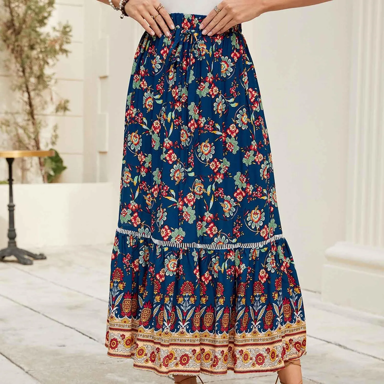 Womens Maxi Skirts Bohomian Midi Skirt Flowy Beach Skirt High Waist Long Skirt A Line Prined Skirt Summer Skirts