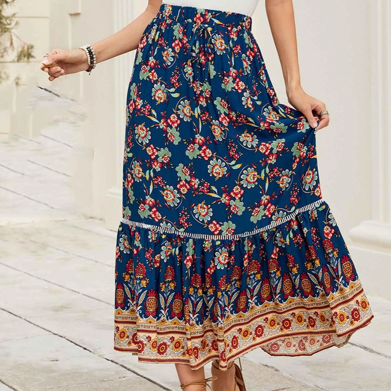 Womens Maxi Skirts Bohomian Midi Skirt Flowy Beach Skirt High Waist Long Skirt A Line Prined Skirt Summer Skirts