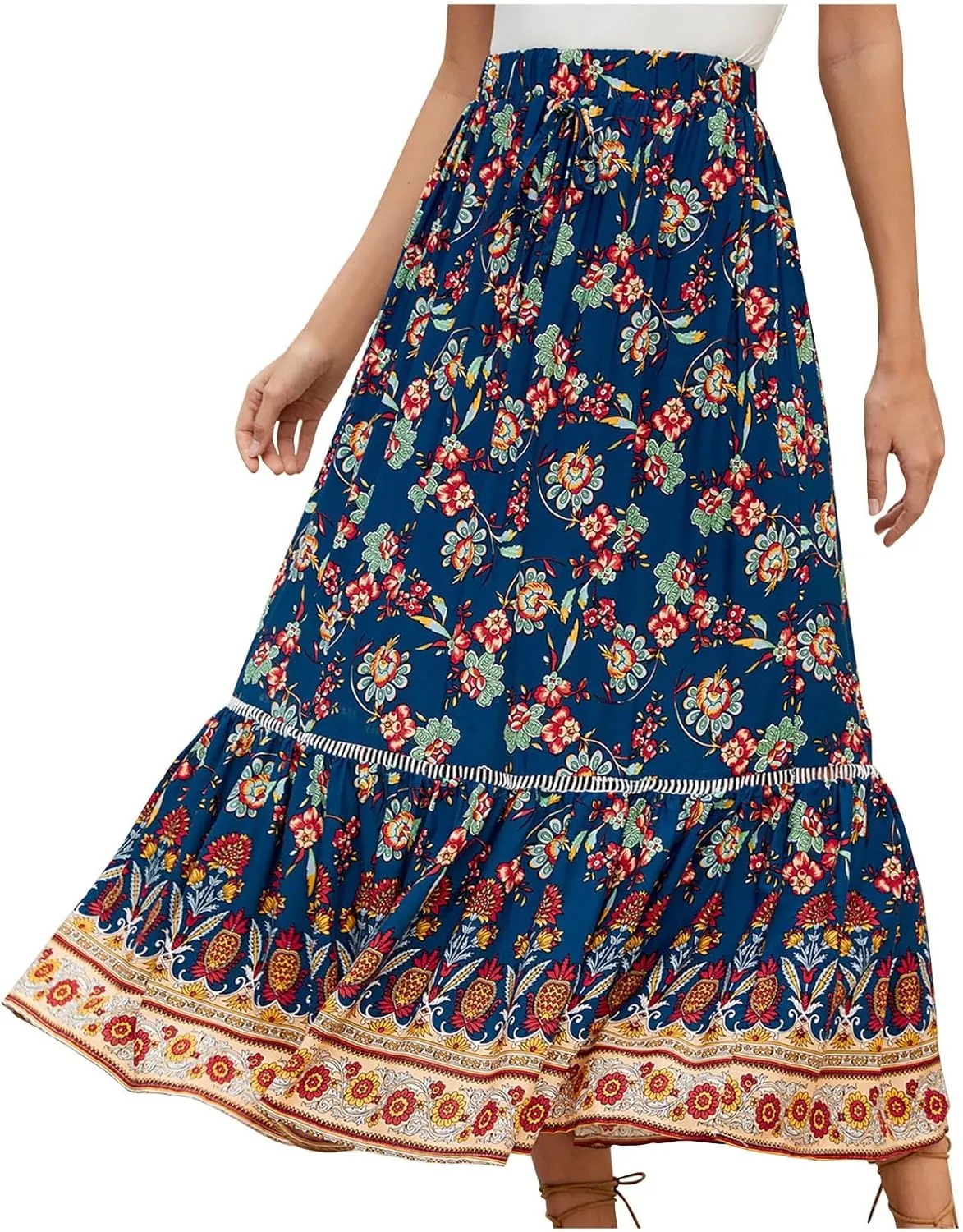 Womens Maxi Skirts Bohomian Midi Skirt Flowy Beach Skirt High Waist Long Skirt A Line Prined Skirt Summer Skirts