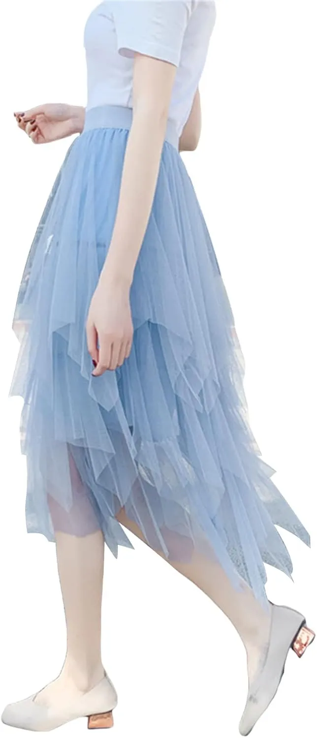 Women's Mesh Tulle Skirt Irregular Layered Pleated Ballet Multilayer Asymmetric Midi Tutu Underskirt Streetwear