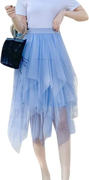 Women's Mesh Tulle Skirt Irregular Layered Pleated Ballet Multilayer Asymmetric Midi Tutu Underskirt Streetwear