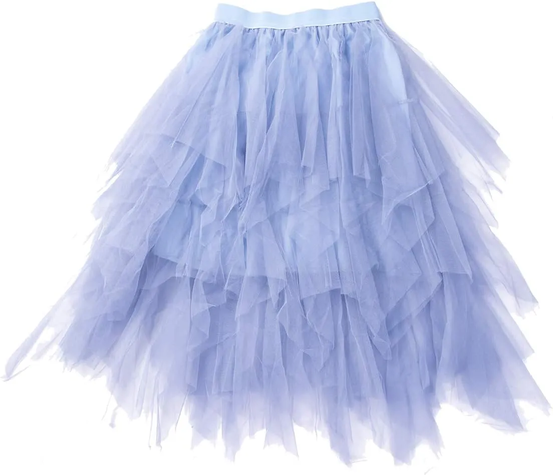 Women's Mesh Tulle Skirt Irregular Layered Pleated Ballet Multilayer Asymmetric Midi Tutu Underskirt Streetwear