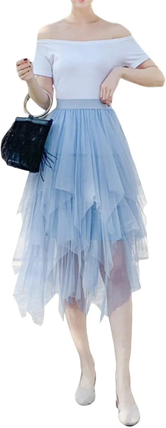 Women's Mesh Tulle Skirt Irregular Layered Pleated Ballet Multilayer Asymmetric Midi Tutu Underskirt Streetwear