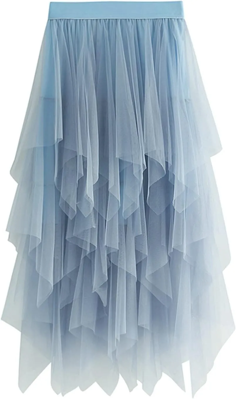 Women's Mesh Tulle Skirt Irregular Layered Pleated Ballet Multilayer Asymmetric Midi Tutu Underskirt Streetwear