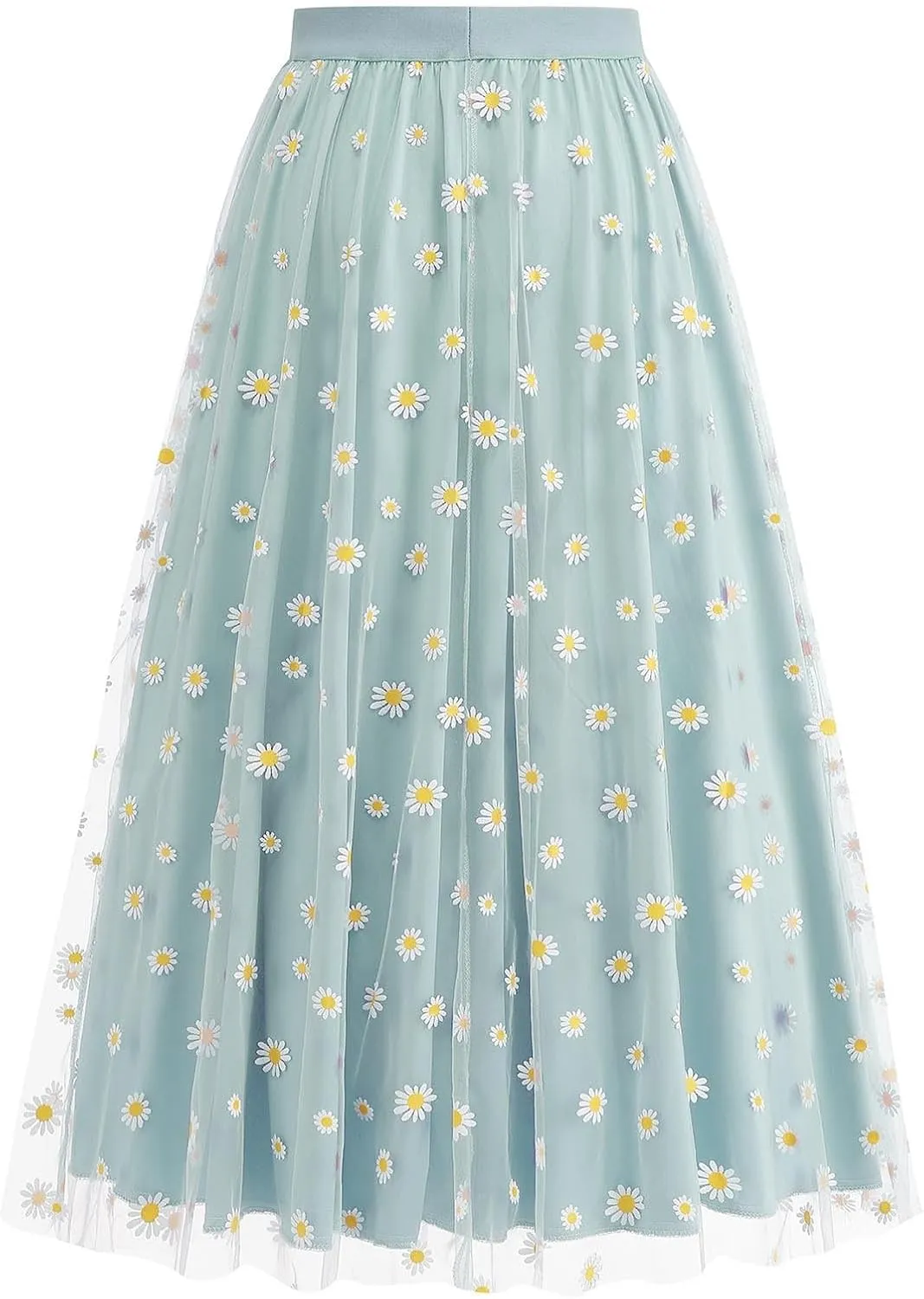 Womens Midi Tulle Skirt Daisy Embroidery Floral Layered Elastic High Waist Tutu Skirt Mesh A Line Fairy Skirts