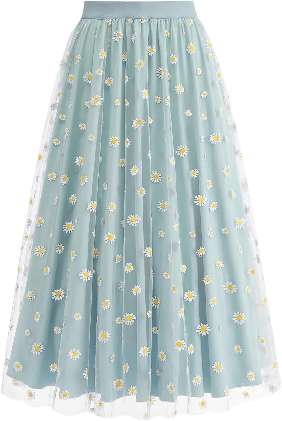 Womens Midi Tulle Skirt Daisy Embroidery Floral Layered Elastic High Waist Tutu Skirt Mesh A Line Fairy Skirts