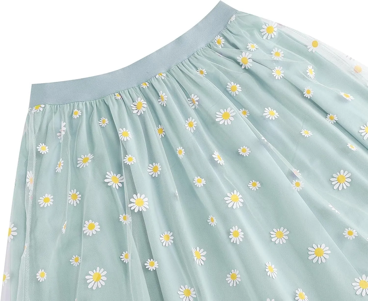 Womens Midi Tulle Skirt Daisy Embroidery Floral Layered Elastic High Waist Tutu Skirt Mesh A Line Fairy Skirts