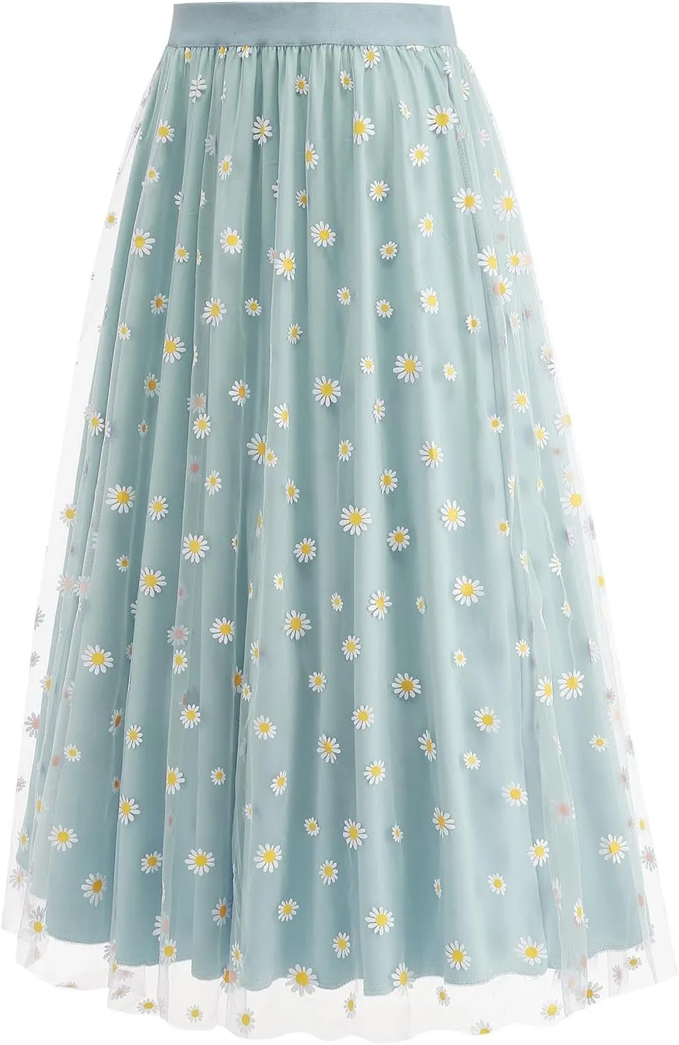 Womens Midi Tulle Skirt Daisy Embroidery Floral Layered Elastic High Waist Tutu Skirt Mesh A Line Fairy Skirts