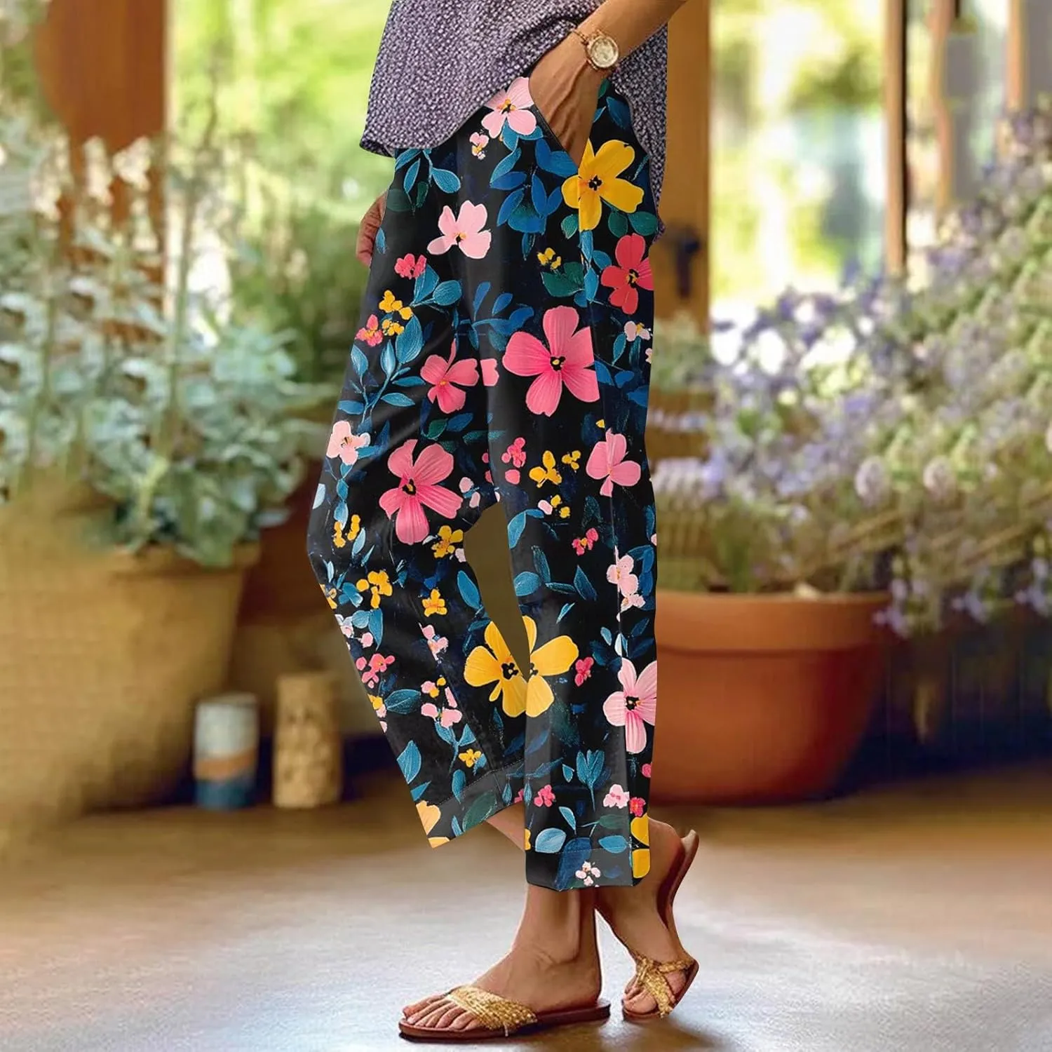 Womens Pants Casual Boho Floral Print Cotton Linen Pants Elastic Waisted Summer Beach Vacation Trouser with Pockets