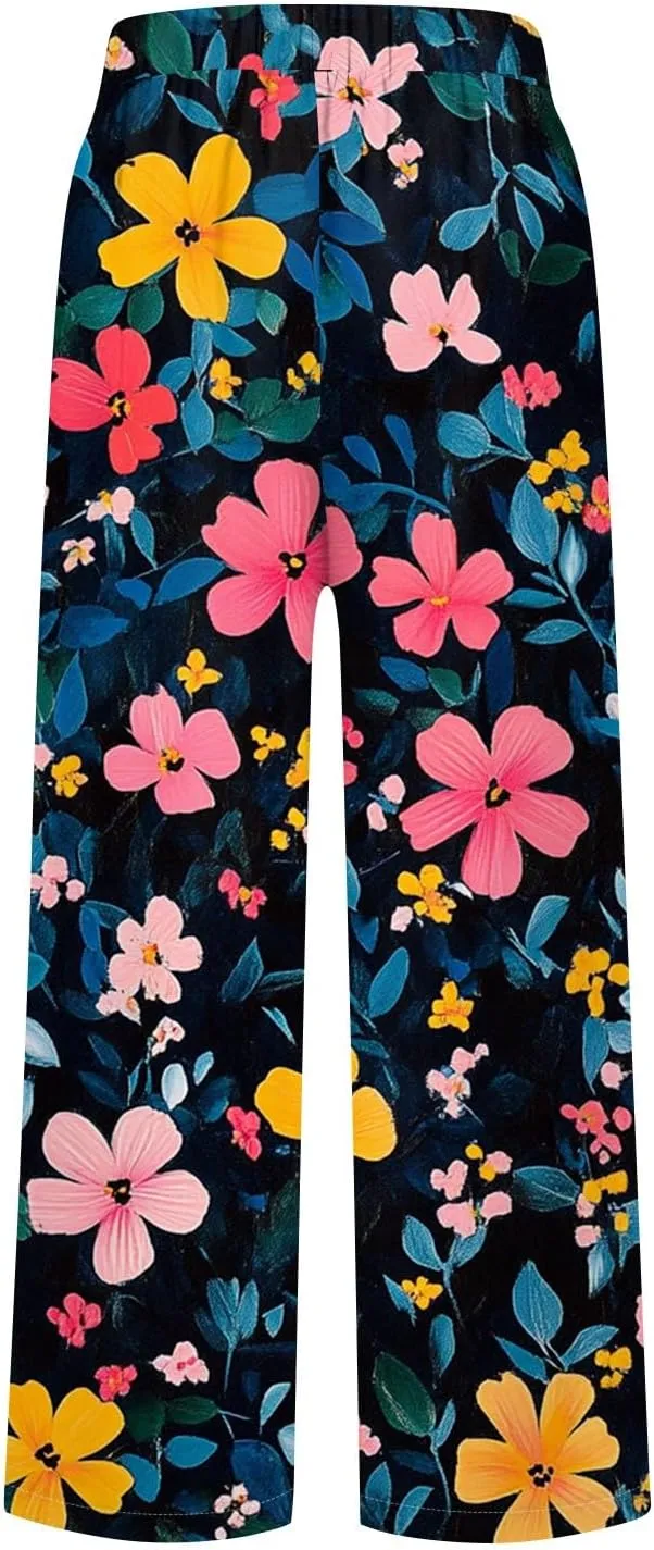 Womens Pants Casual Boho Floral Print Cotton Linen Pants Elastic Waisted Summer Beach Vacation Trouser with Pockets