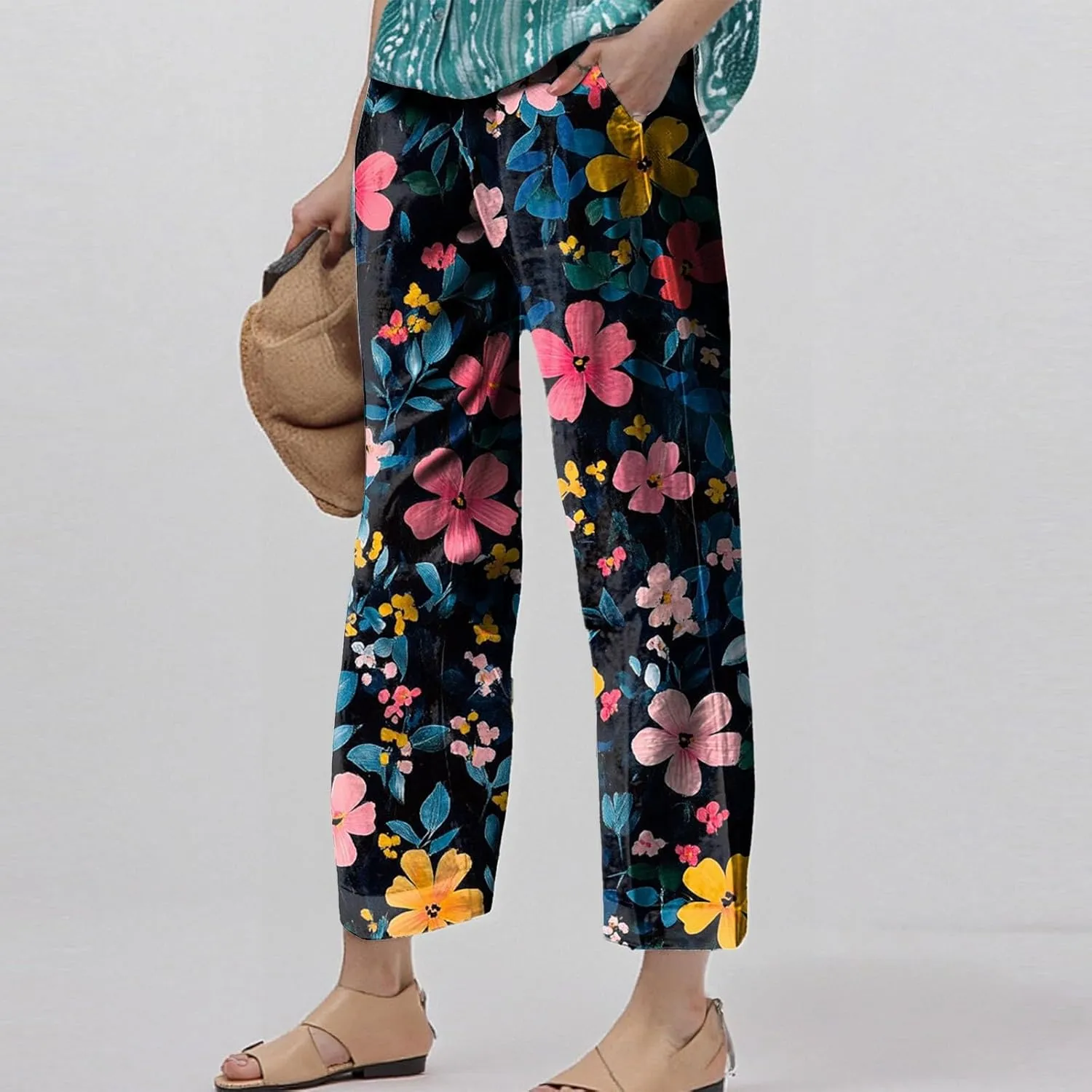 Womens Pants Casual Boho Floral Print Cotton Linen Pants Elastic Waisted Summer Beach Vacation Trouser with Pockets