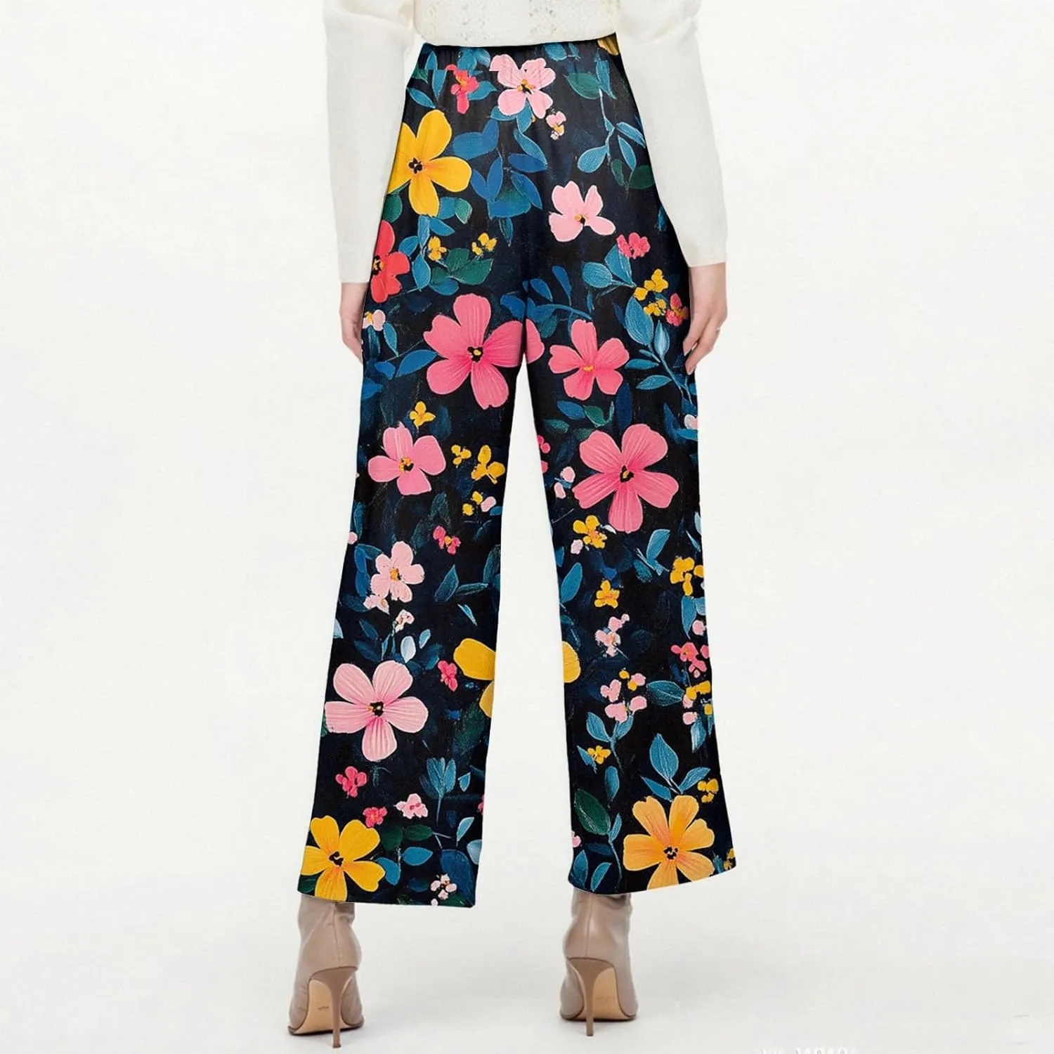 Womens Pants Casual Boho Floral Print Cotton Linen Pants Elastic Waisted Summer Beach Vacation Trouser with Pockets