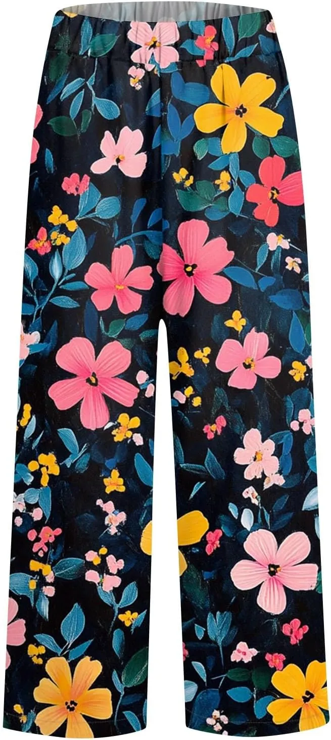 Womens Pants Casual Boho Floral Print Cotton Linen Pants Elastic Waisted Summer Beach Vacation Trouser with Pockets