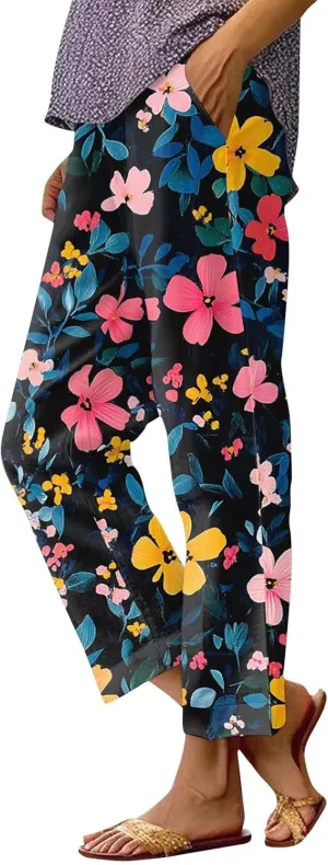 Womens Pants Casual Boho Floral Print Cotton Linen Pants Elastic Waisted Summer Beach Vacation Trouser with Pockets
