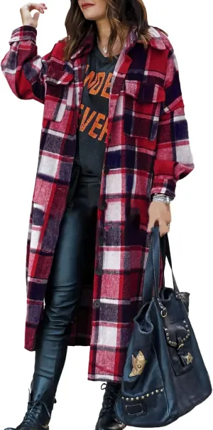Women's Plaid Shacket Jacket Casual Button Wool Blend Winter Tartan Trench Coat With Pockets