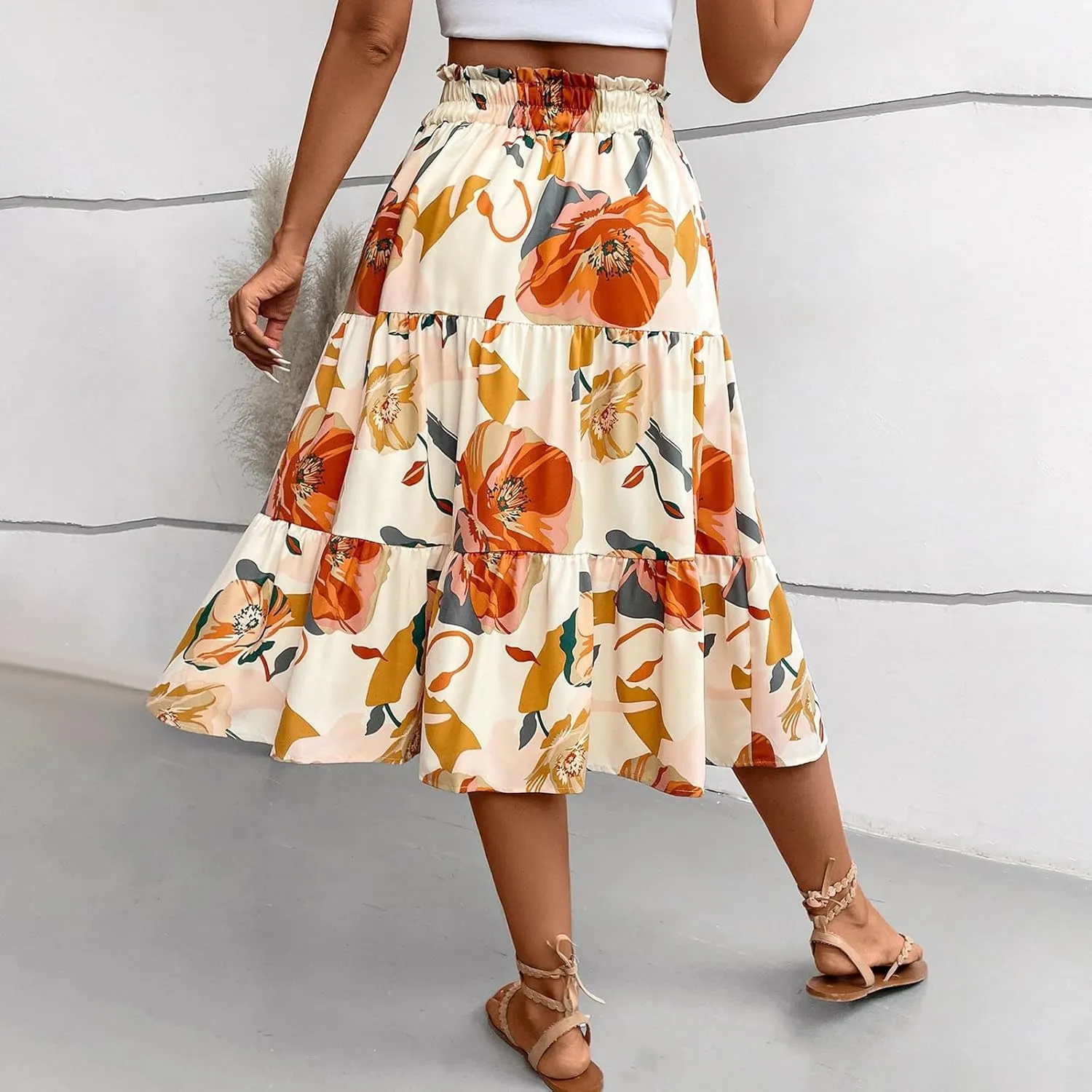 Womens Pleated A-Line Elastic High Waist Maxi Skirt 2025 Summer Casual Trendy Flowy Swing Boho Long Beach Dress