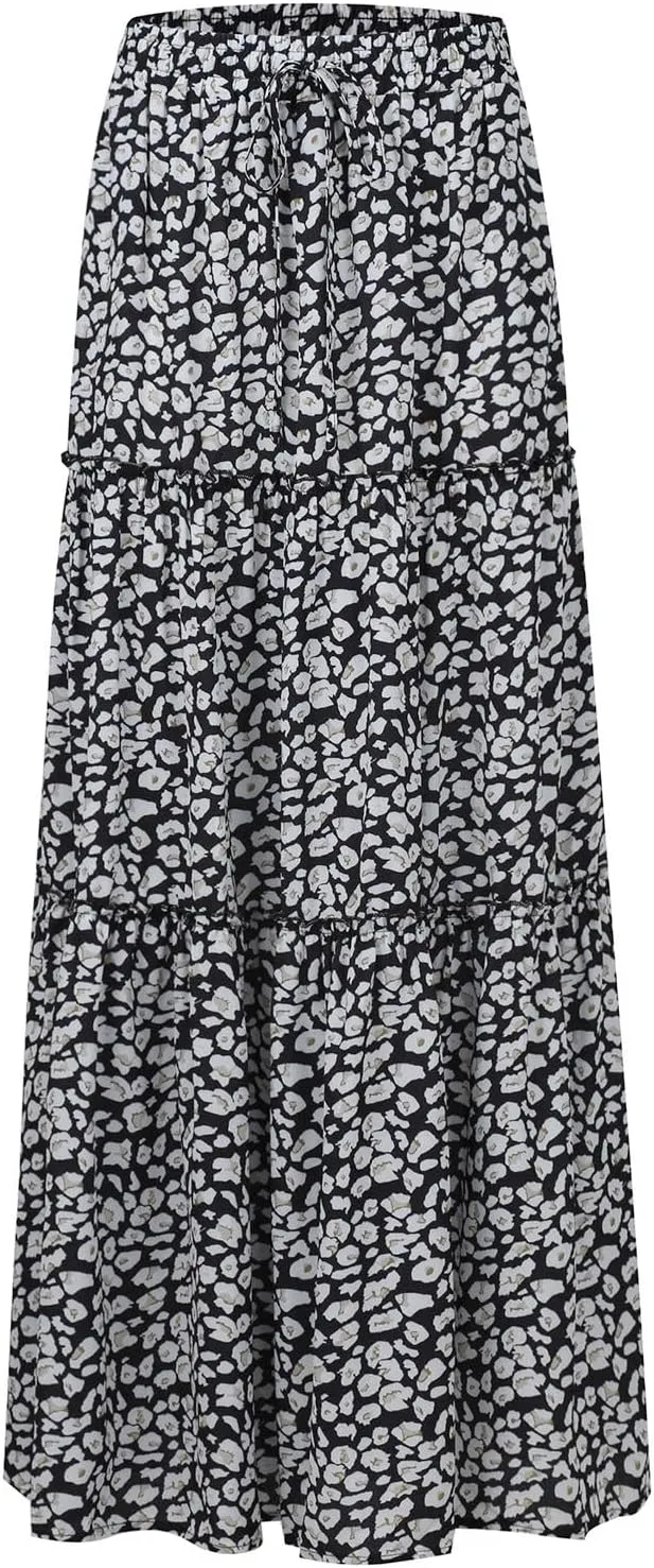 Womens Pleated A-Line Elastic High Waist Maxi Skirt 2025 Summer Casual Trendy Flowy Swing Boho Long Beach Dress